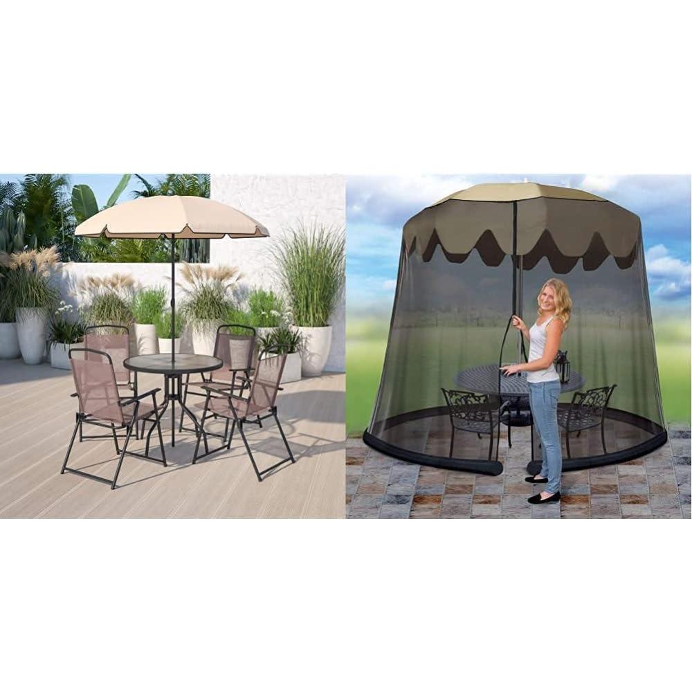 imageFlash Furniture Nantucket 6 Piece Brown Patio Garden Set with Umbrella Table and Set of 4 Folding Chairs ampamp Ideaworks JB5678 Outdoor 9Foot Umbrella Table Screen Black