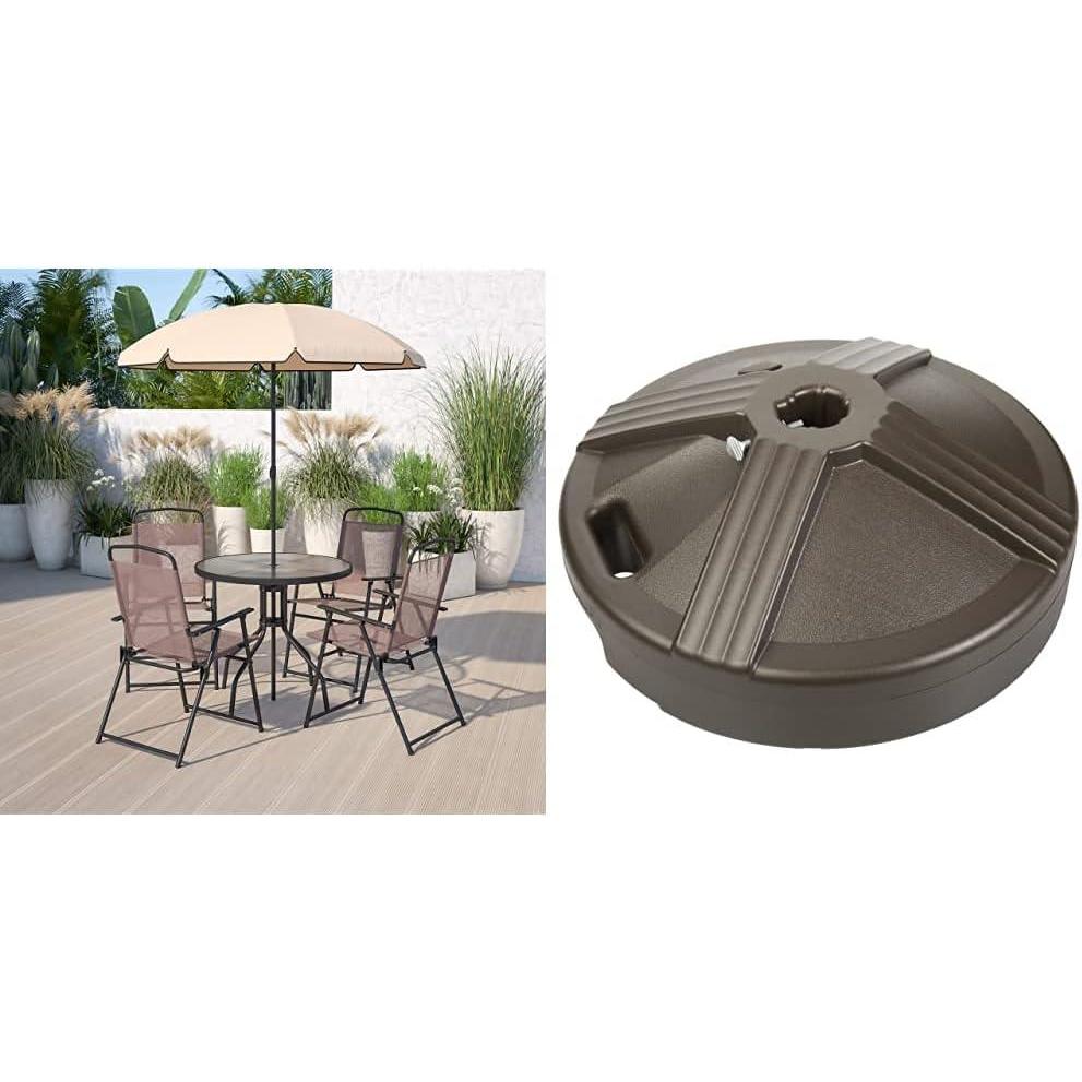 imageFlash Furniture Nantucket 6 Piece Brown Patio Garden Set with Umbrella Table and Set of 4 Folding Chairs ampamp US Weight Fillable Umbrella Base Bronze 35 pounds