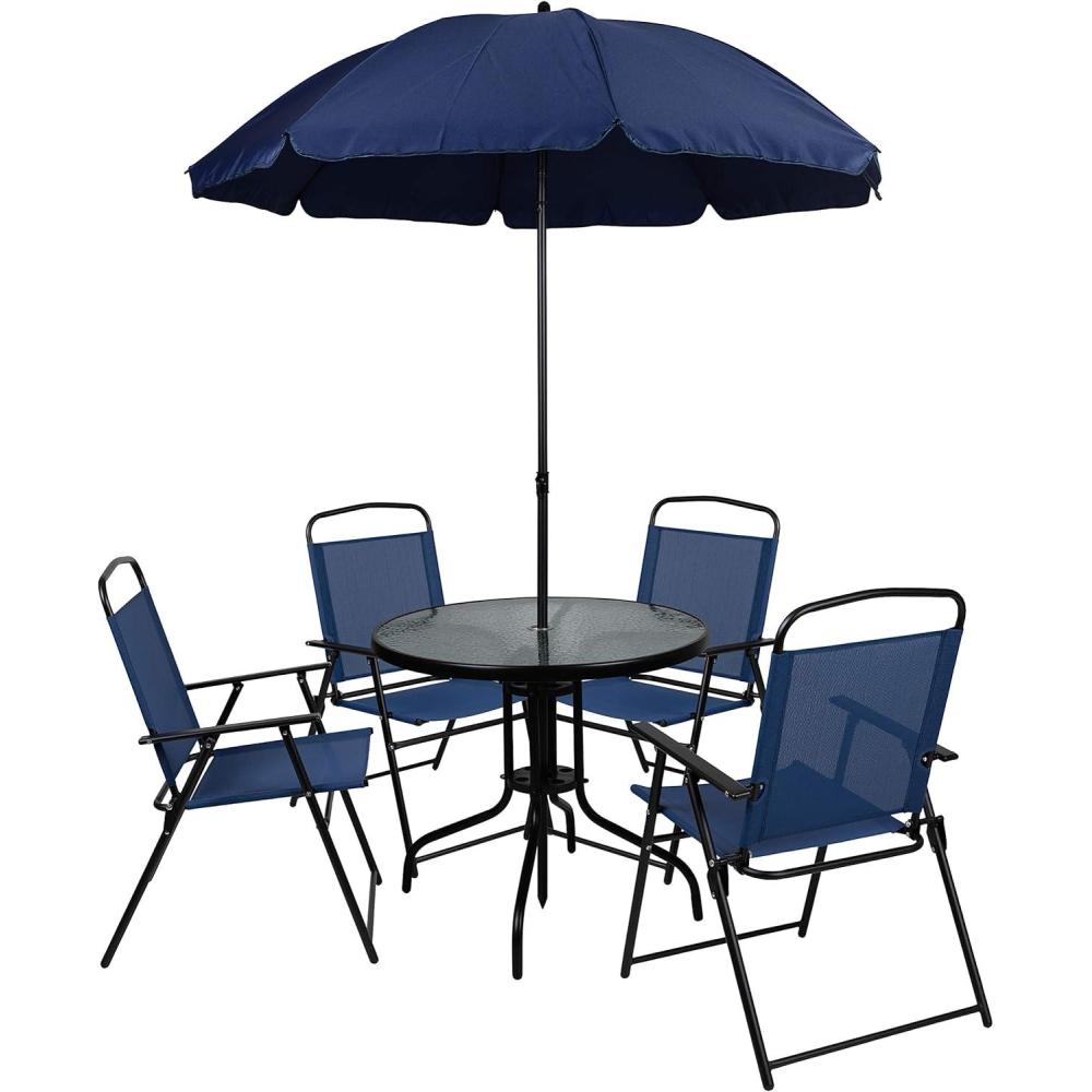 imageFlash Furniture Nantucket 6 Piece Red Patio Garden Set with Table Umbrella and 4 Folding ChairsNavy