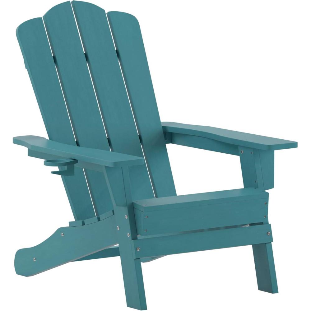 imageFlash Furniture Newport Adirondack Chair with Cup Holder Weather Resistant Poly Resin Adirondack Chair BlueBlue