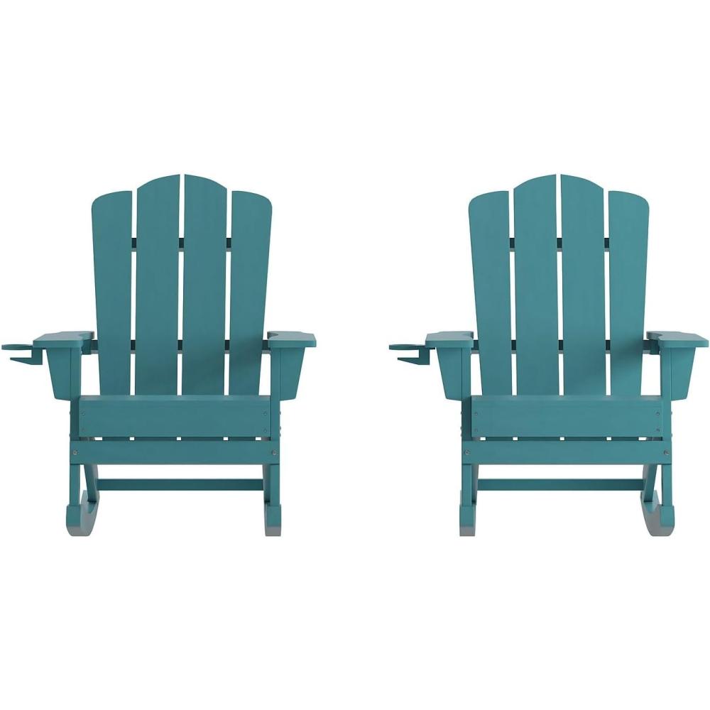 imageFlash Furniture Newport Adirondack Rocking Chairs with Cup Holder Weather Resistant Poly Resin Adirondack Rocking Chairs Set of 2 RedBlue