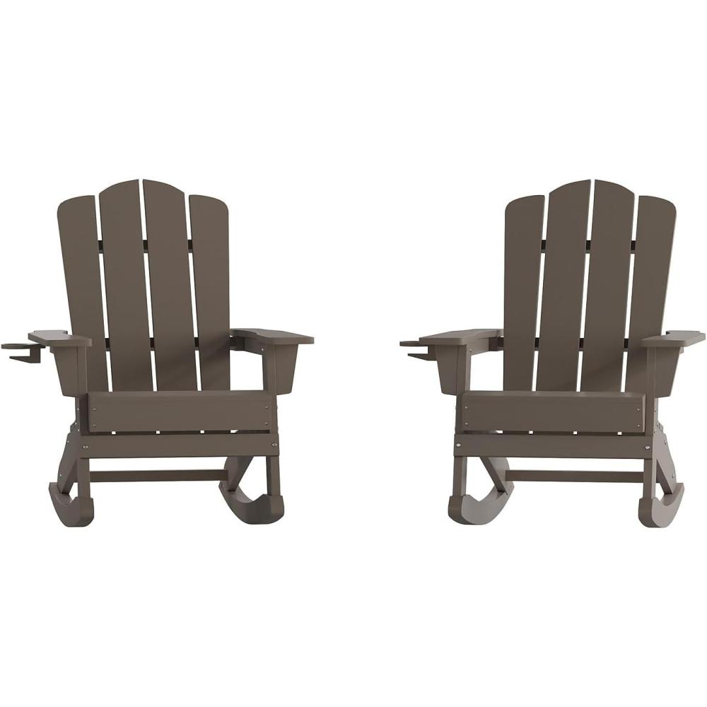 imageFlash Furniture Newport Adirondack Rocking Chairs with Cup Holder Weather Resistant Poly Resin Adirondack Rocking Chairs Set of 2 RedBrown