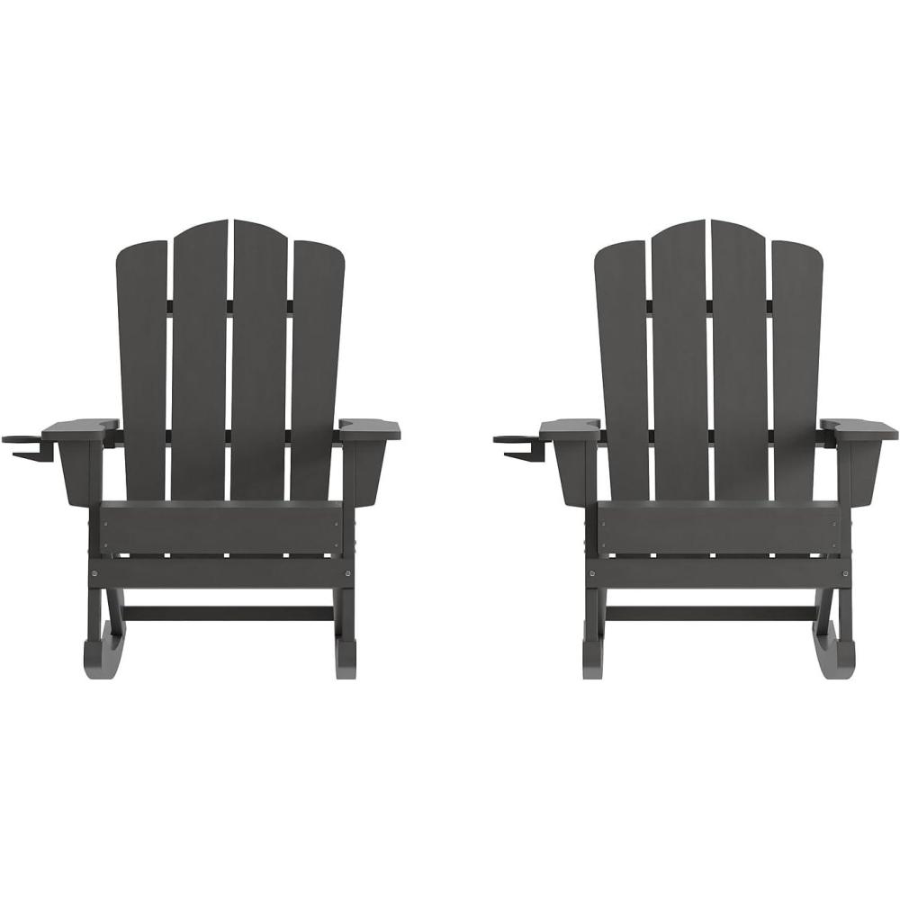 imageFlash Furniture Newport Adirondack Rocking Chairs with Cup Holder Weather Resistant Poly Resin Adirondack Rocking Chairs Set of 2 RedGrey
