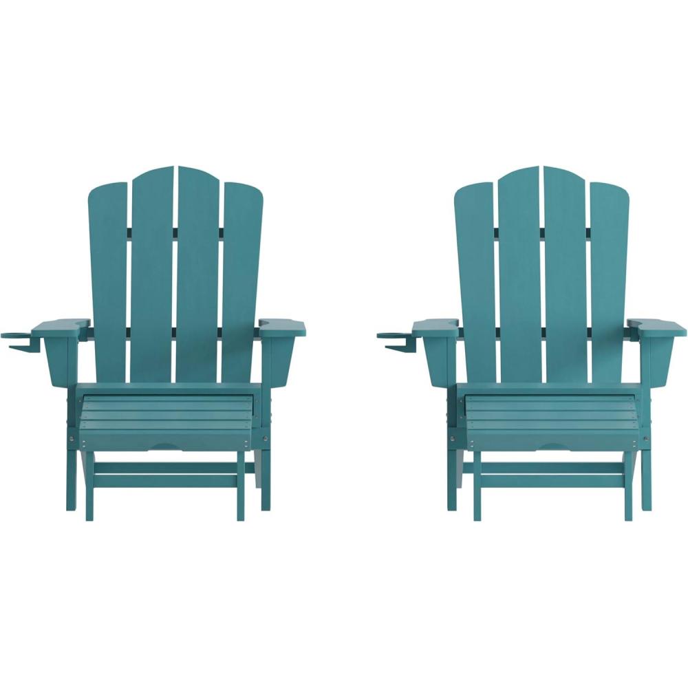 imageFlash Furniture Newport Poly Resin Adirondack Chair with Cup Holder and Pull Out Ottoman AllWeather Poly Resin IndoorOutdoor Lounge Chair GrayBlue