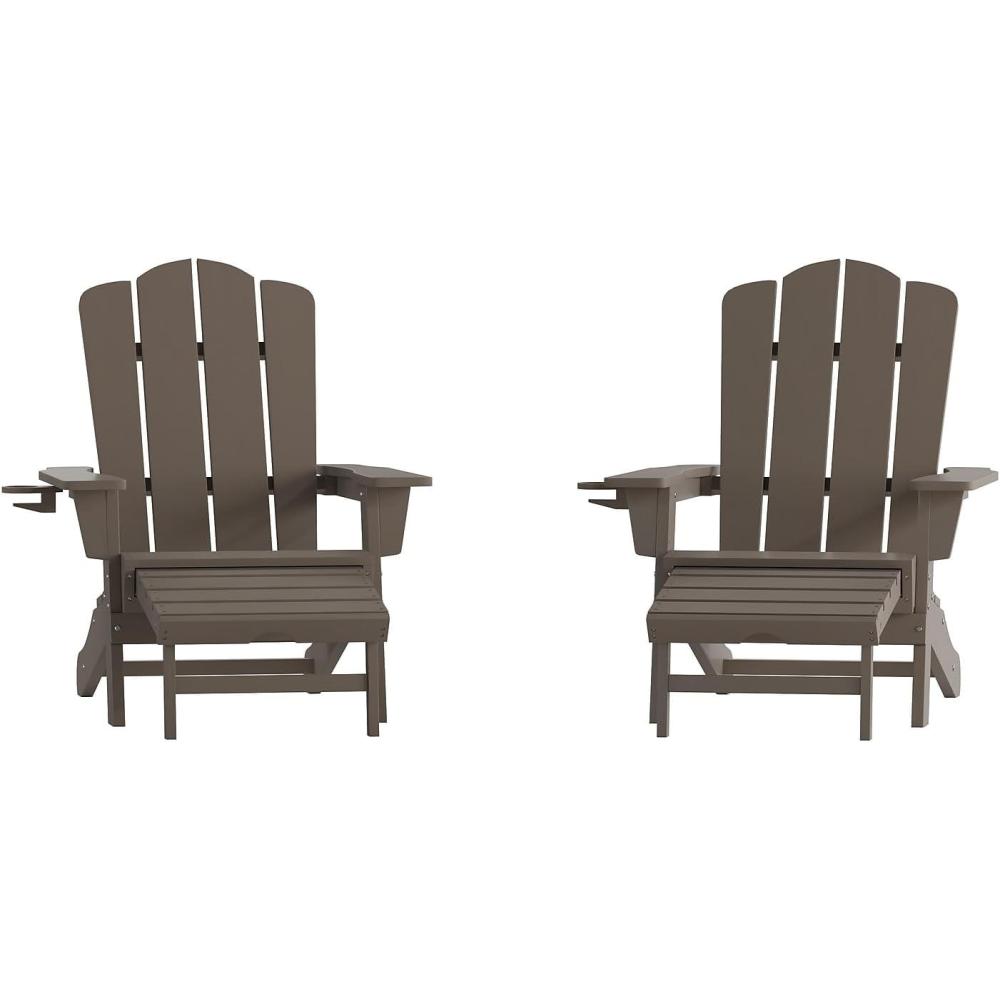 imageFlash Furniture Newport Poly Resin Adirondack Chair with Cup Holder and Pull Out Ottoman AllWeather Poly Resin IndoorOutdoor Lounge Chair GrayBrown