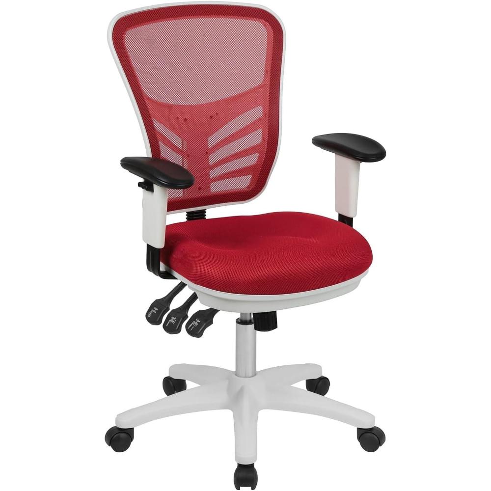 imageFlash Furniture Nicholas MidBack Swivel Desk Chair with Wheels Mesh Back Padded Seat and Armrests Adjustable Height Mesh Ergonomic Office Chair BlackRed MeshWhite Frame
