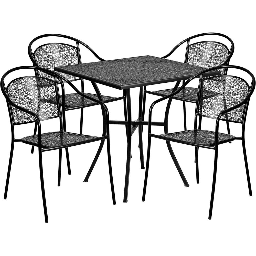 imageFlash Furniture Oia 5Piece Commercial Grade Steel Patio Table and Chairs Set Outdoor Dining Set with Square Table and 4 Round Back Chairs BlackBlack