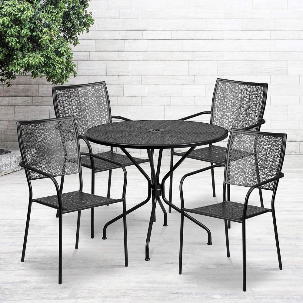 imageFlash Furniture Oia Commercial Grade 3525quot Round Black IndoorOutdoor Steel Patio Table Set with 4 Square Back ChairsBlack
