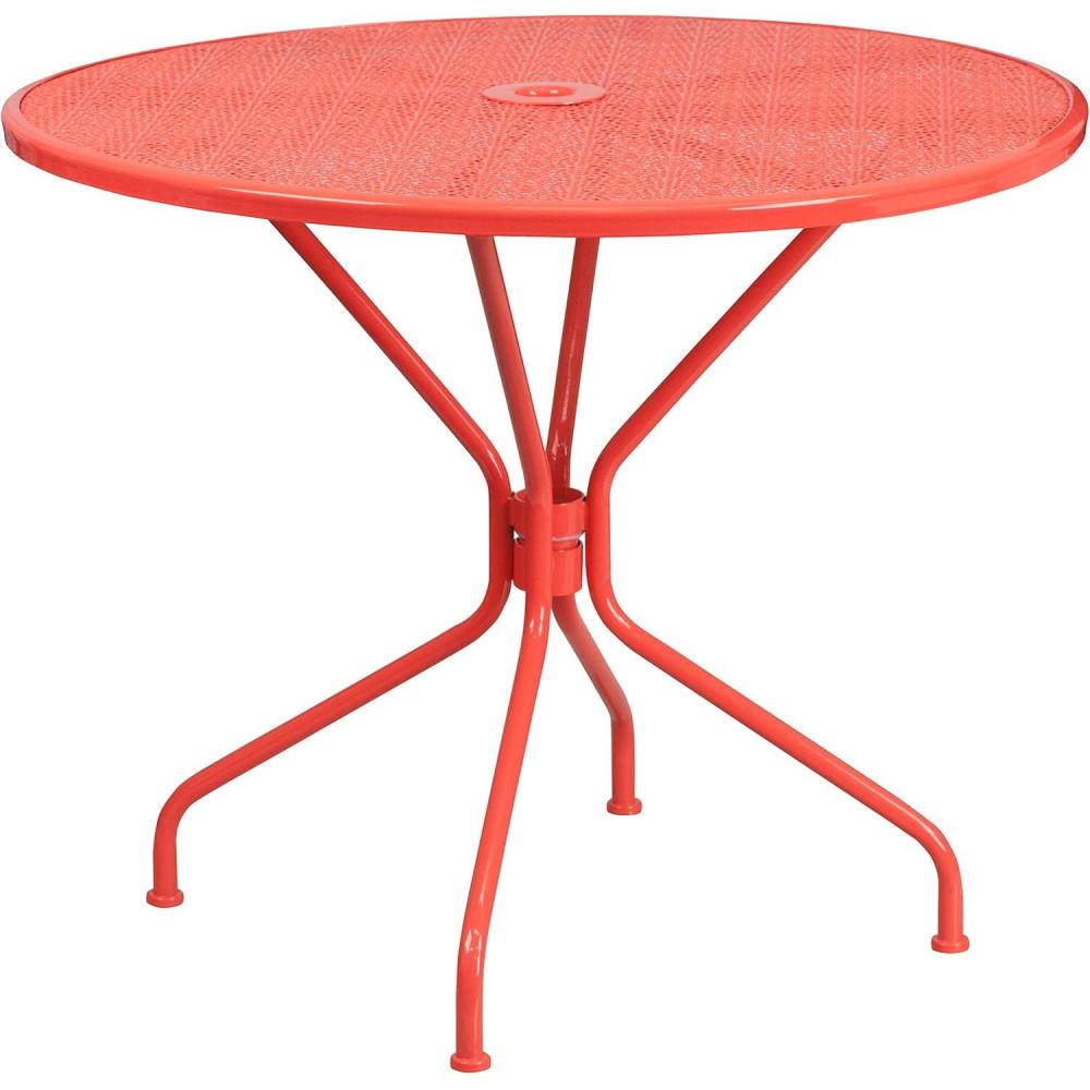 imageFlash Furniture Oia Commercial Grade 3525quot Round Black IndoorOutdoor Steel Patio Table with Umbrella HoleCoral