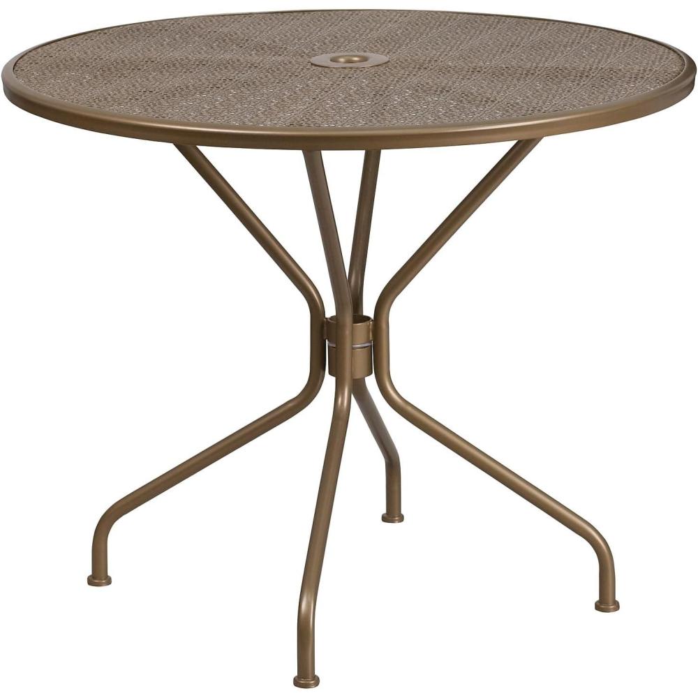 imageFlash Furniture Oia Commercial Grade 3525quot Round Black IndoorOutdoor Steel Patio Table with Umbrella HoleGold