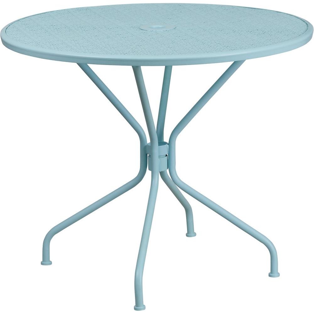 imageFlash Furniture Oia Commercial Grade 3525quot Round Black IndoorOutdoor Steel Patio Table with Umbrella HoleSky Blue