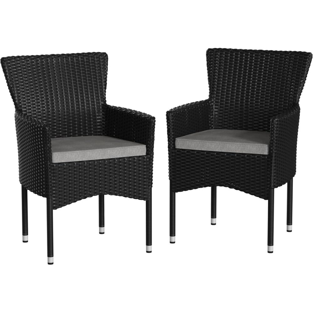 imageFlash Furniture Peregrine 7 Piece Outdoor Patio Dining Set Space Saving Black Wicker Modular Chairs ampamp Cream CushionsNatural Finish Acacia Wood TableSeating for 6BlackGray