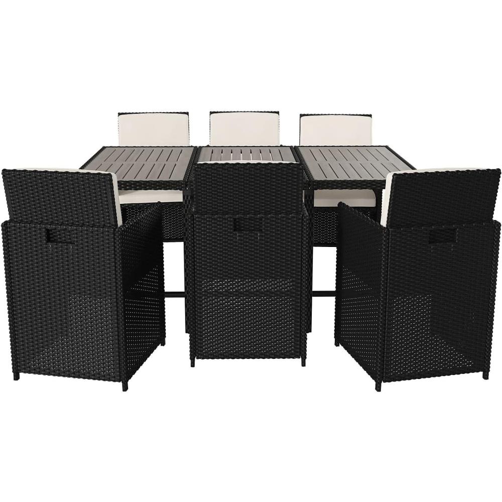 imageFlash Furniture Peregrine 7 Piece Outdoor Patio Dining Set Space Saving Black Wicker Modular Chairs ampamp Cream CushionsNatural Finish Acacia Wood TableSeating for 6GrayBlack