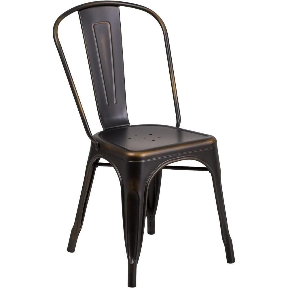 imageFlash Furniture Perry Commercial Grade BlackAntique Gold Metal IndoorOutdoor Stackable ChairDistressed Copper