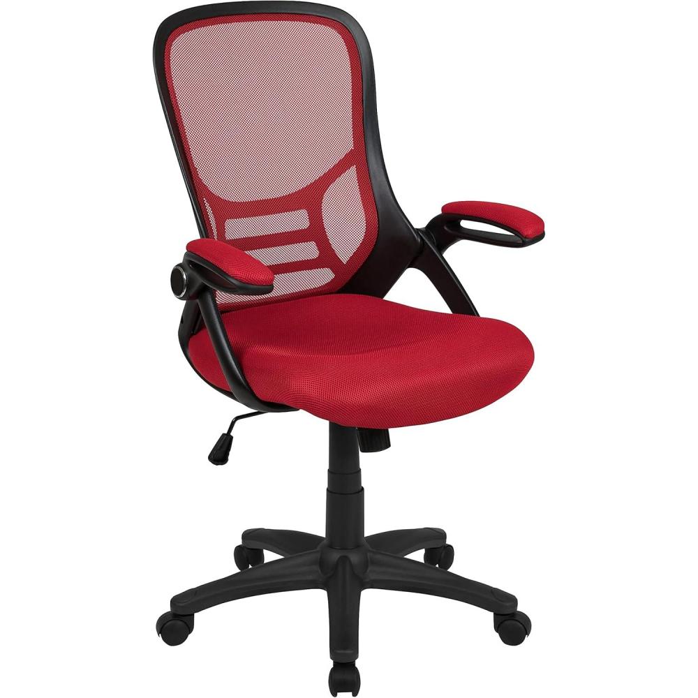 imageFlash Furniture Porter High Back Black Mesh Ergonomic Swivel Office Chair with Black Frame and Flipup ArmsRed