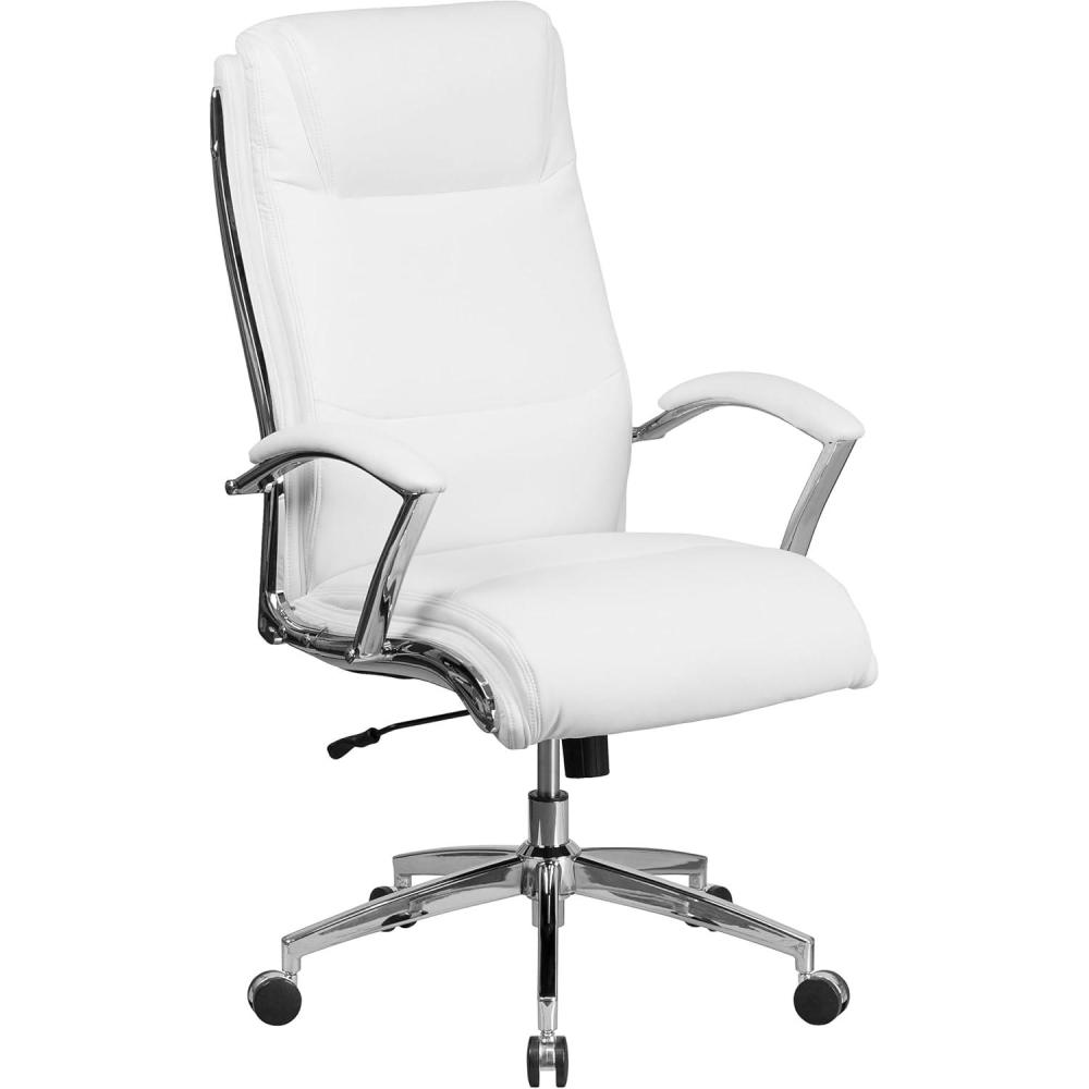 imageFlash Furniture Rebecca High Back Designer White LeatherSoft Smooth Upholstered Executive Swivel Office Chair with Chrome Base and ArmsWhite