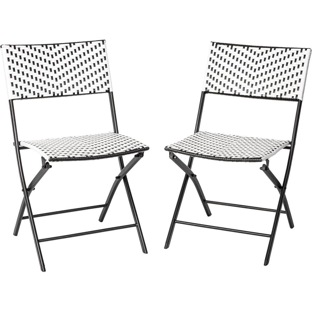 imageFlash Furniture Rouen Commercial Grade Folding Bistro Chairs IndoorOutdoor PE Rattan Back and Seat Black Steel Frames Set of 2 BlackWhiteBlackWhite