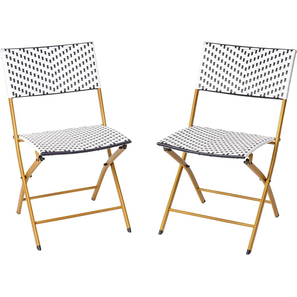imageFlash Furniture Rouen Commercial Grade Folding Bistro Chairs IndoorOutdoor PE Rattan Back and Seat Black Steel Frames Set of 2 BlackWhiteNavyWhite