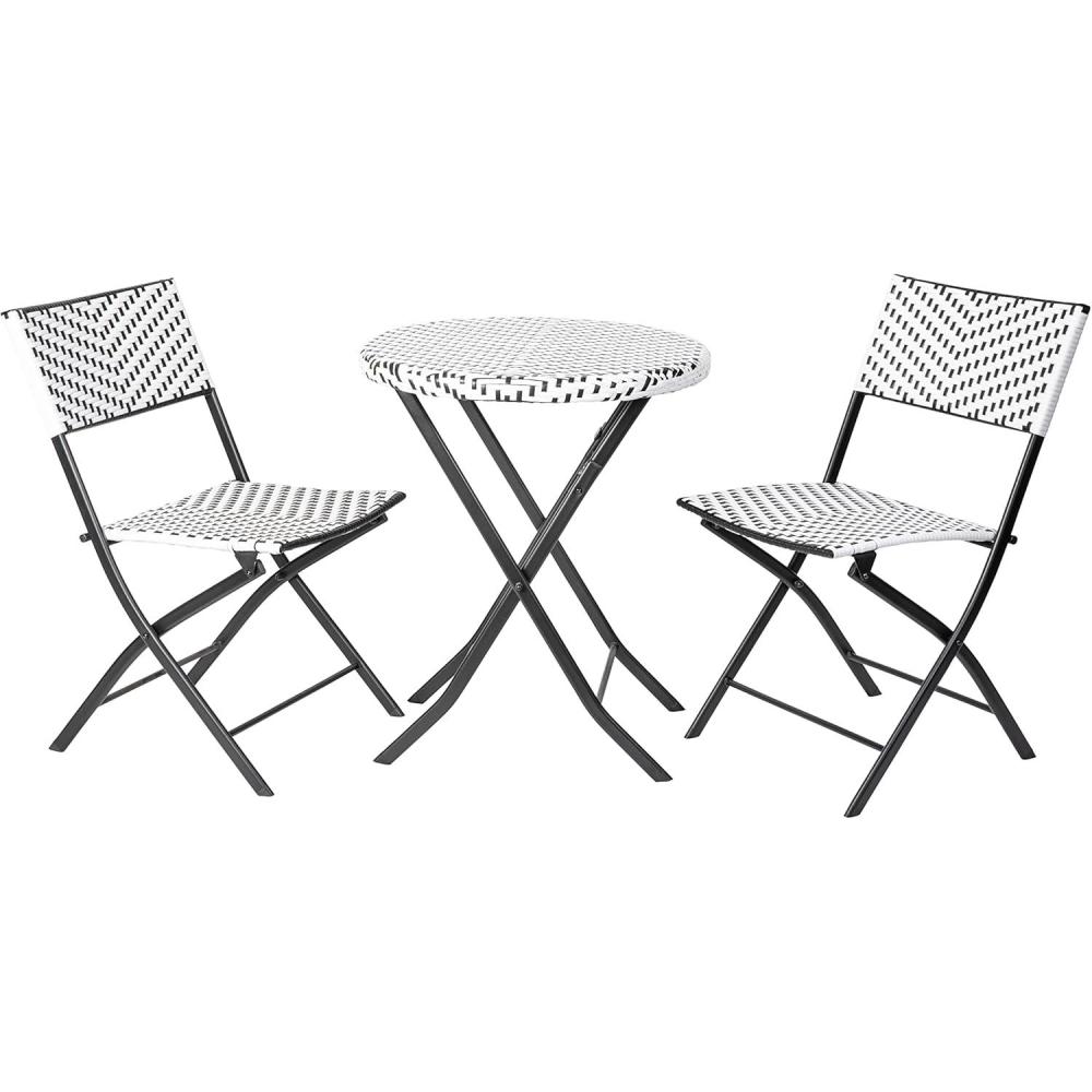 imageFlash Furniture Rouen Commercial Grade Folding Bistro Set IndoorOutdoor PE Rattan Table Top Back and Seat Natural Steel Frames 3 Piece Set NavyWhiteBlack White