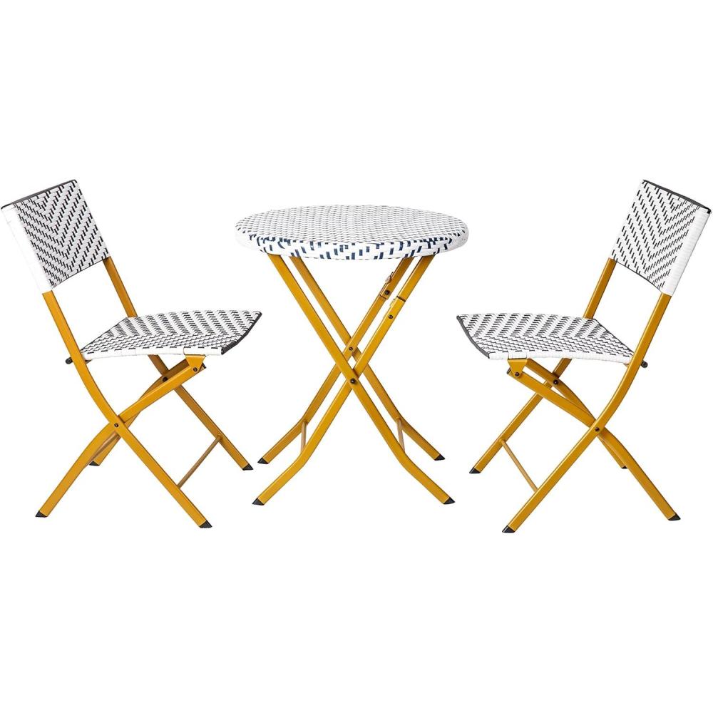 imageFlash Furniture Rouen Commercial Grade Folding Bistro Set IndoorOutdoor PE Rattan Table Top Back and Seat Natural Steel Frames 3 Piece Set NavyWhiteNavy White
