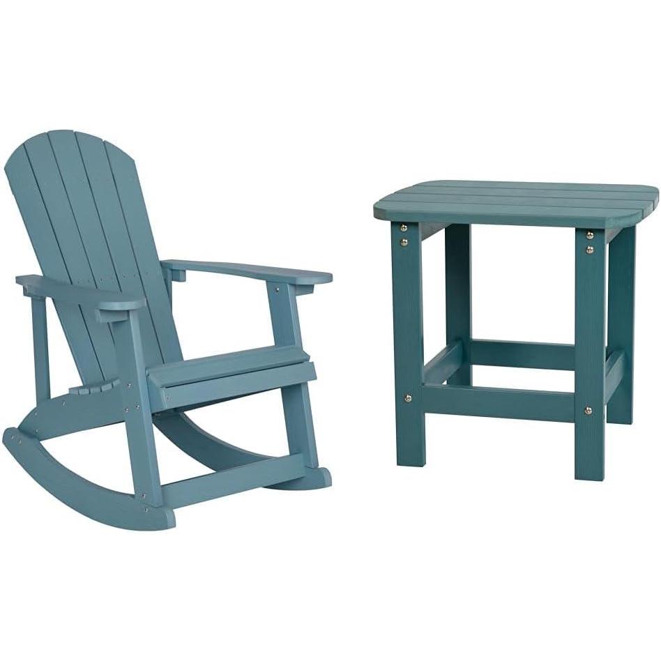 imageFlash Furniture Savannah Adirondack Rocking Chair ampamp Side Table Set Sea Foam Polystyrene Stainless Steel Hardware AllWeather IndoorOutdoor Use