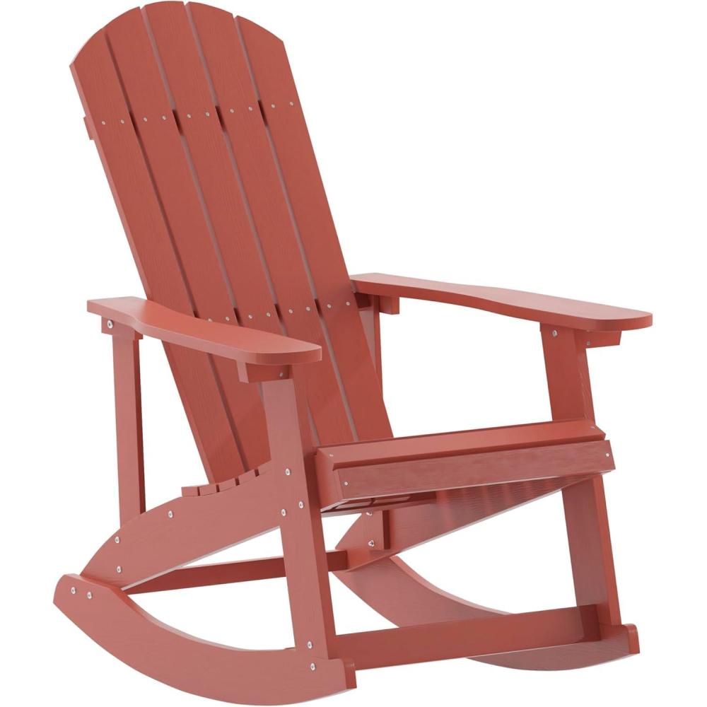 imageFlash Furniture Savannah Poly Resin Wood Adirondack Rocking Chair  All Weather Yellow Polystyrene  Stainless Steel HardwareRed