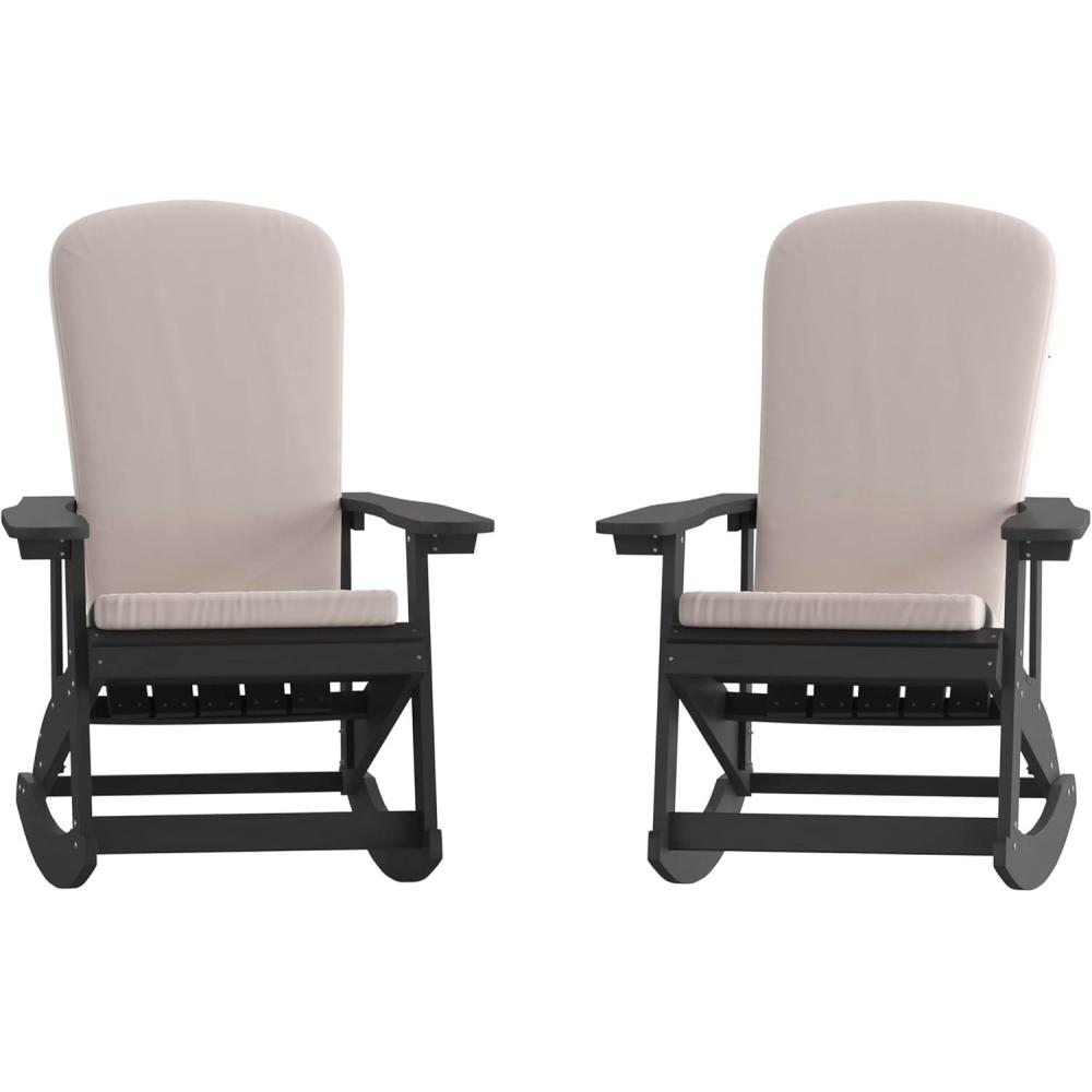 imageFlash Furniture Savannah Set of 2 Rocking Adirondack Chairs with Cushions Black Poly Resin Frame Cream AllWeather Cushions IndoorOutdoor UseBlackCream