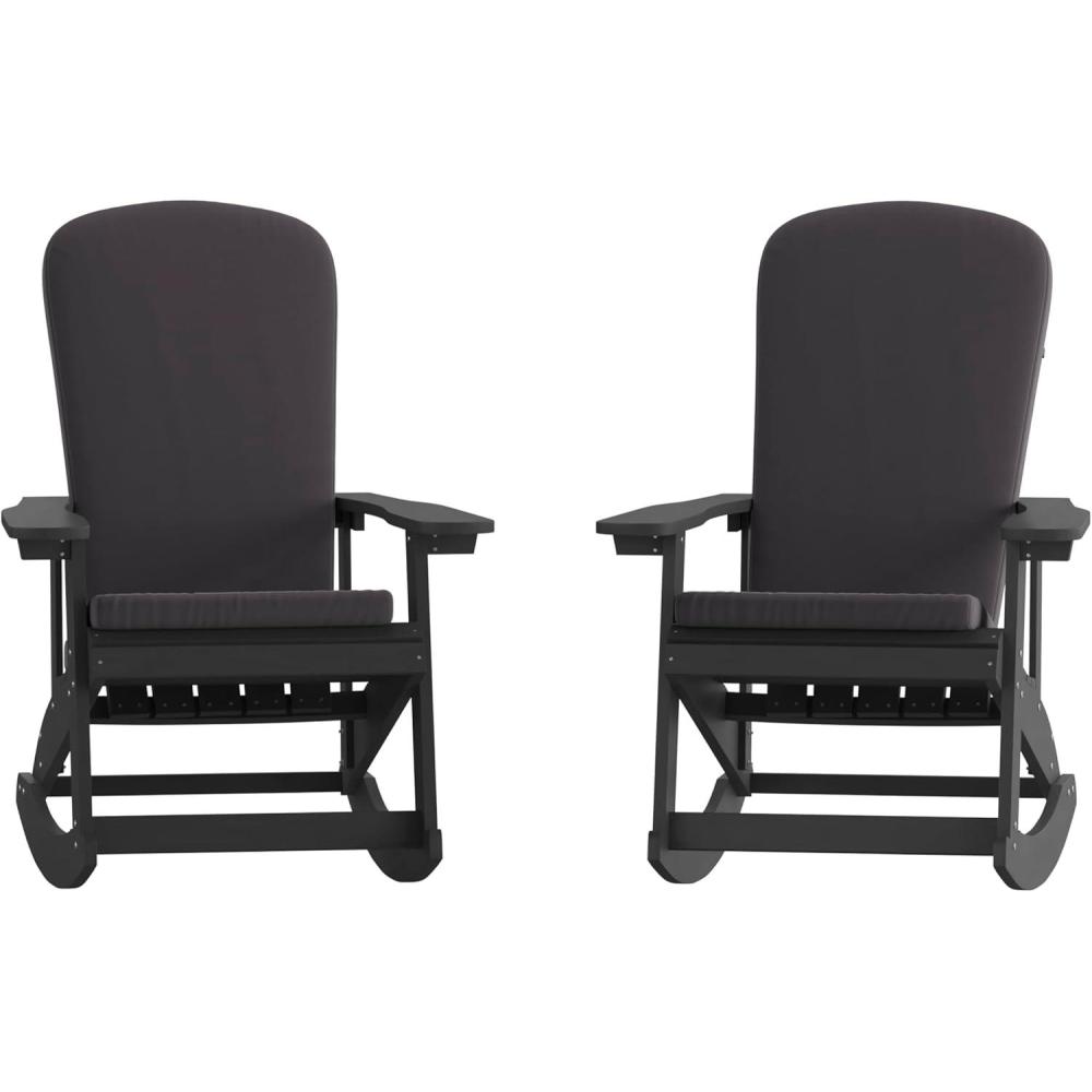 imageFlash Furniture Savannah Set of 2 Rocking Adirondack Chairs with Cushions Black Poly Resin Frame Cream AllWeather Cushions IndoorOutdoor UseBlackGray