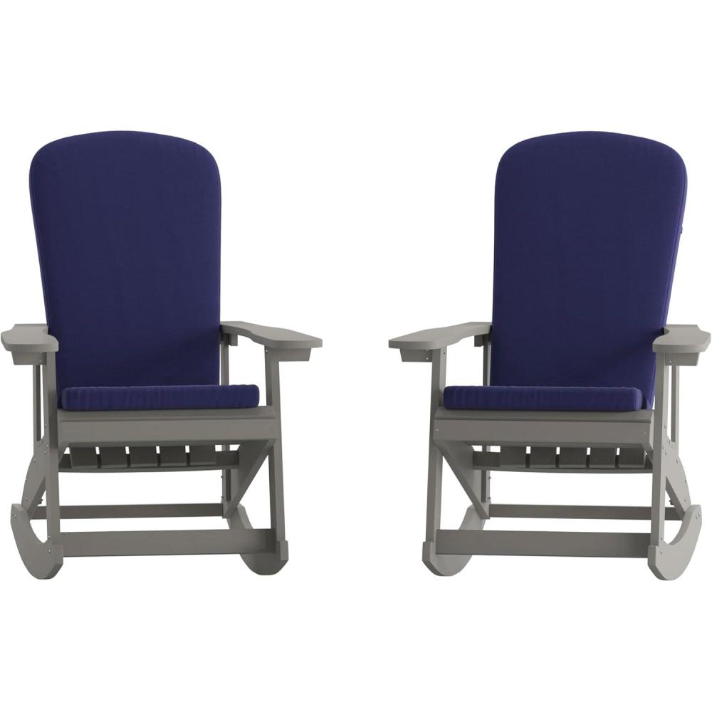imageFlash Furniture Savannah Set of 2 Rocking Adirondack Chairs with Cushions Black Poly Resin Frame Cream AllWeather Cushions IndoorOutdoor UseGrayBlue