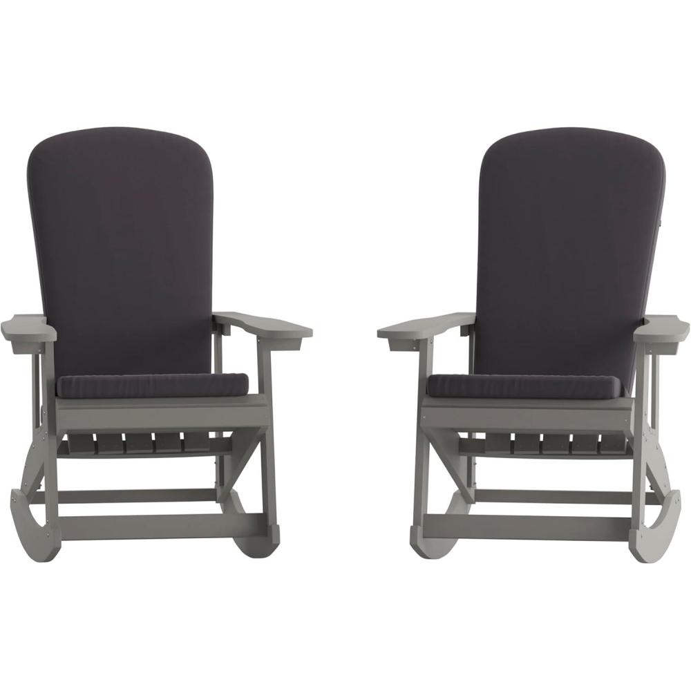 imageFlash Furniture Savannah Set of 2 Rocking Adirondack Chairs with Cushions Black Poly Resin Frame Cream AllWeather Cushions IndoorOutdoor UseGrey