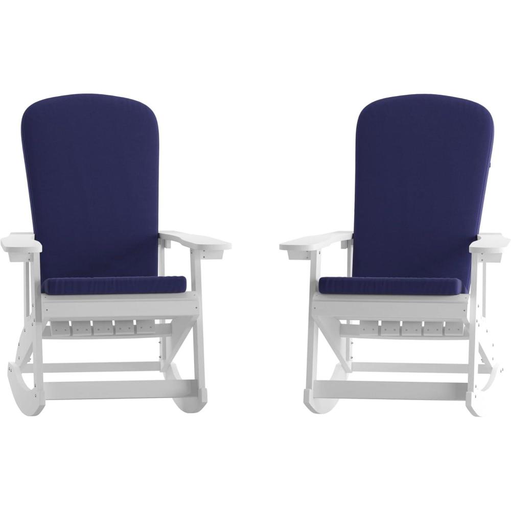 imageFlash Furniture Savannah Set of 2 Rocking Adirondack Chairs with Cushions Black Poly Resin Frame Cream AllWeather Cushions IndoorOutdoor UseWhiteBlue