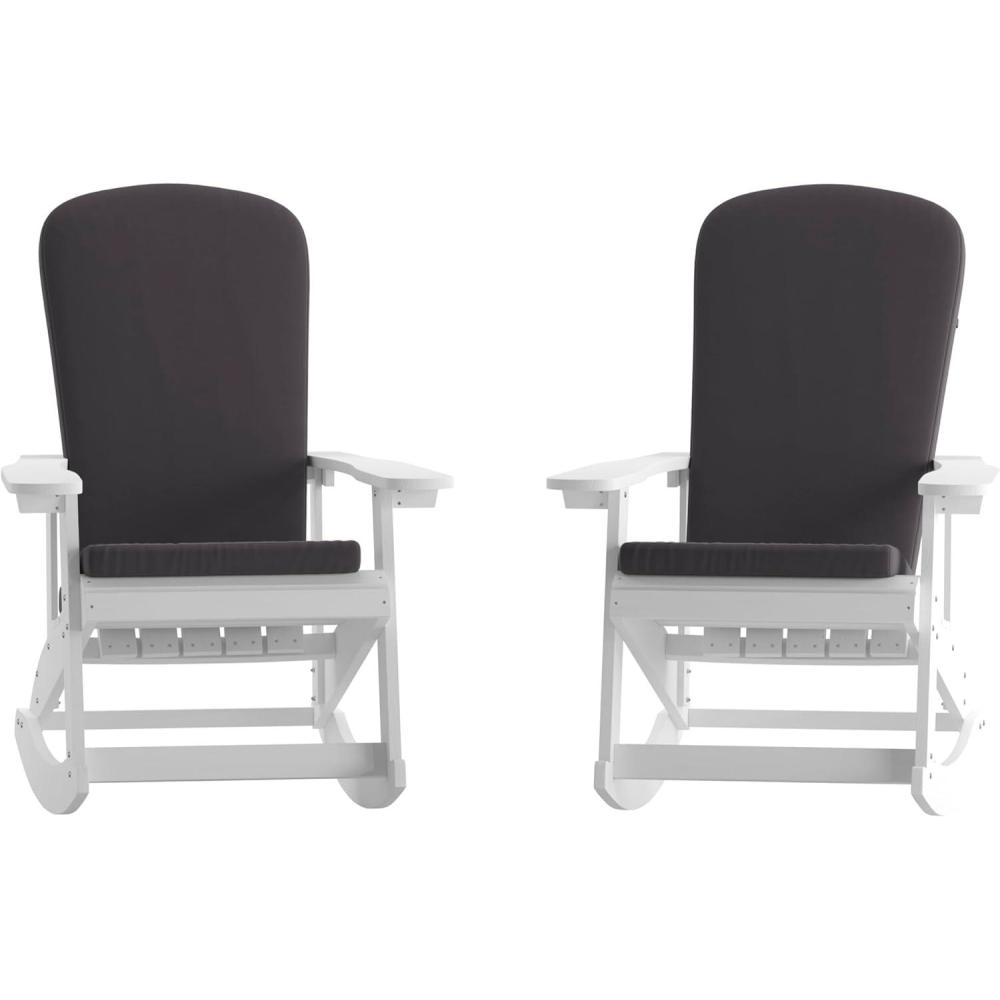 imageFlash Furniture Savannah Set of 2 Rocking Adirondack Chairs with Cushions Black Poly Resin Frame Cream AllWeather Cushions IndoorOutdoor UseWhiteGray
