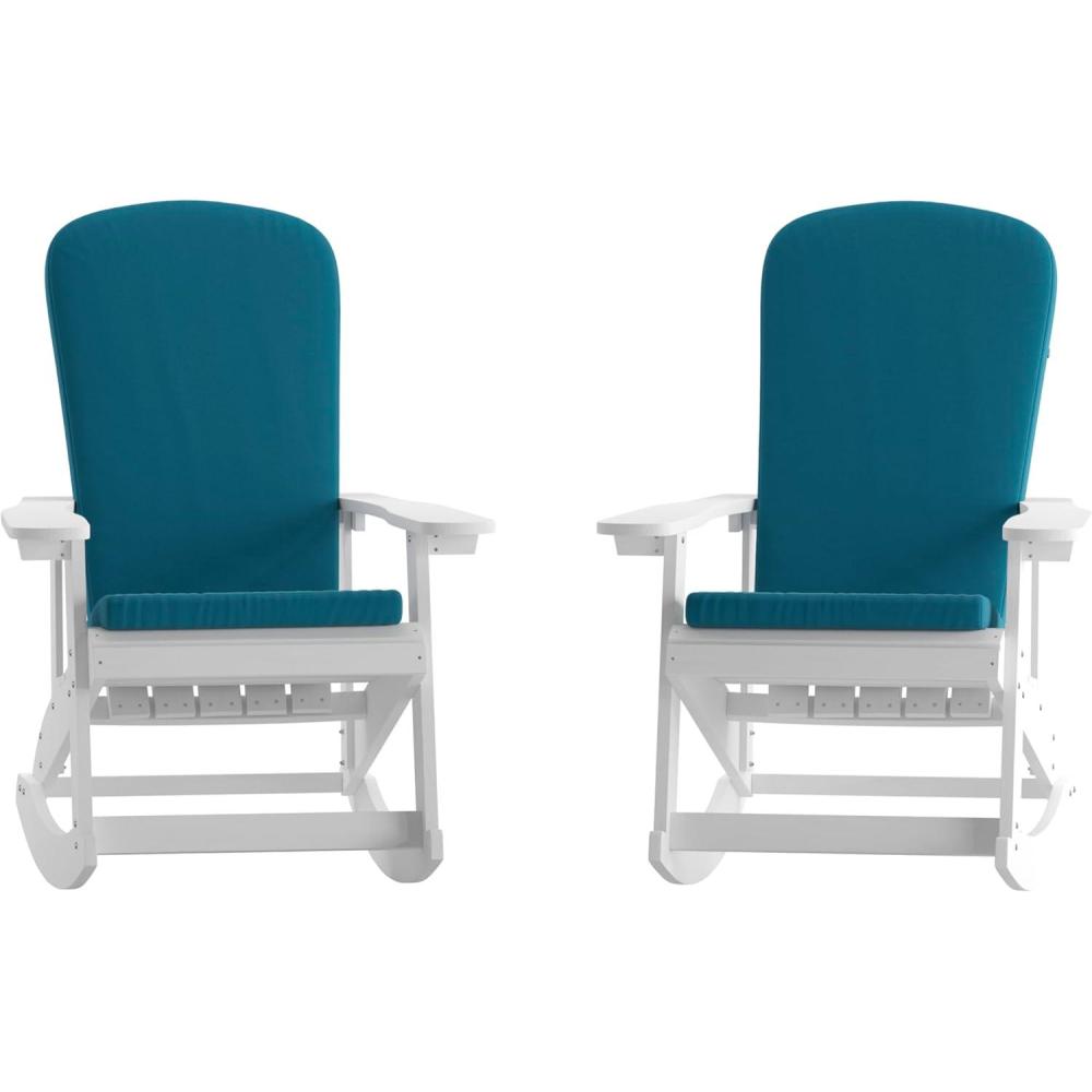 imageFlash Furniture Savannah Set of 2 Rocking Adirondack Chairs with Cushions Black Poly Resin Frame Cream AllWeather Cushions IndoorOutdoor UseWhiteTeal