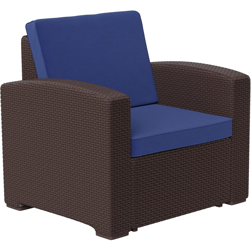 imageFlash Furniture Seneca Chocolate Brown Faux Rattan Chair with AllWeather Beige CushionNavy CushionsChocolate Brown Frame