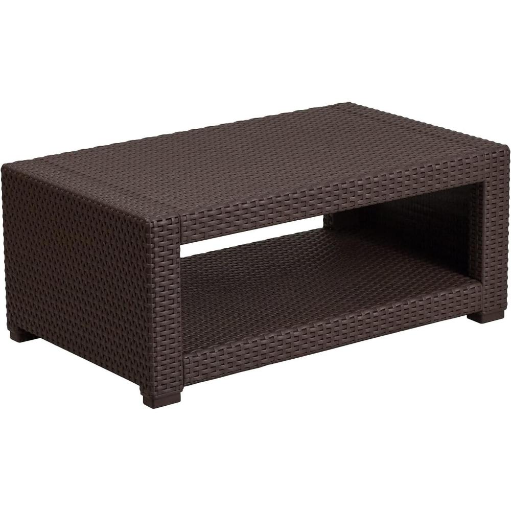 imageFlash Furniture Seneca IndoorOutdoor Chocolate Brown Faux Rattan Coffee Table with Open StorageChocolate Brown