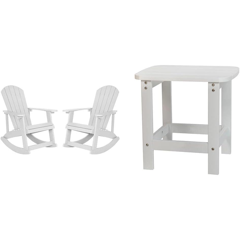 imageFlash Furniture Set of 2 Adirondack Rocking Chairs and Adirondack Side Table Poly Resin Wood Look White All Weather IndoorOutdoor