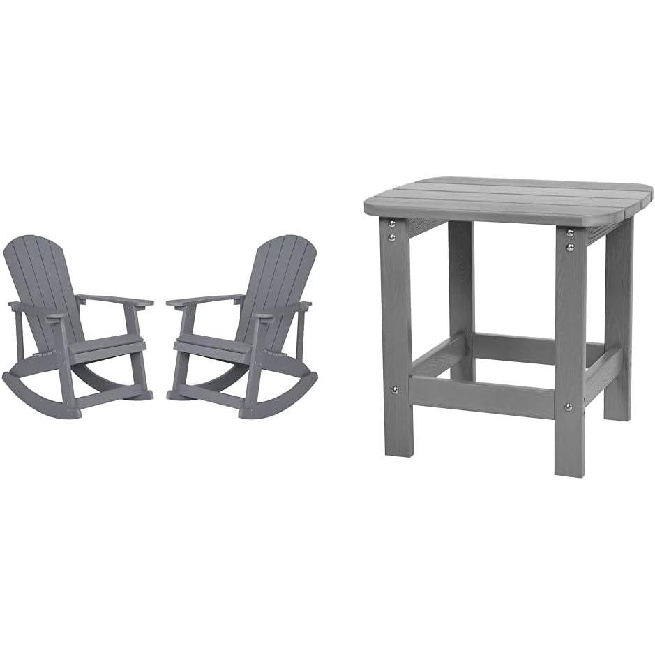 imageFlash Furniture Set of 2 Adirondack Rocking Chairs with Polyresin Side Table Gray