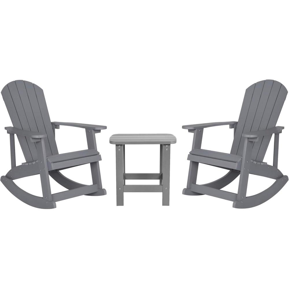 imageFlash Furniture Set of 2 Savannah Adirondack Rocking Chairs Commercial Grade AllWeather Sea Foam Poly Resin Wood Matching Side TableGrey