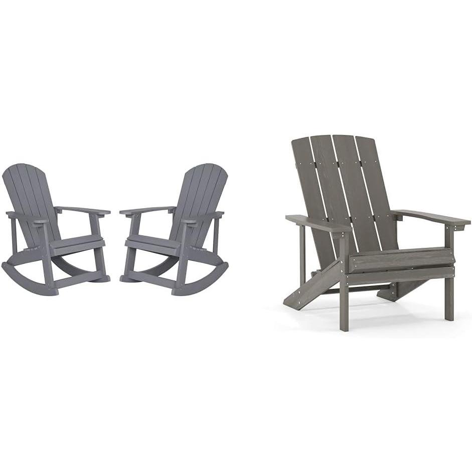 imageFlash Furniture Set of 2 Savannah Adirondack Rocking Chairs and Charlestown Adirondack Chair 350lb Capacity Polyresin Wood Style Gray