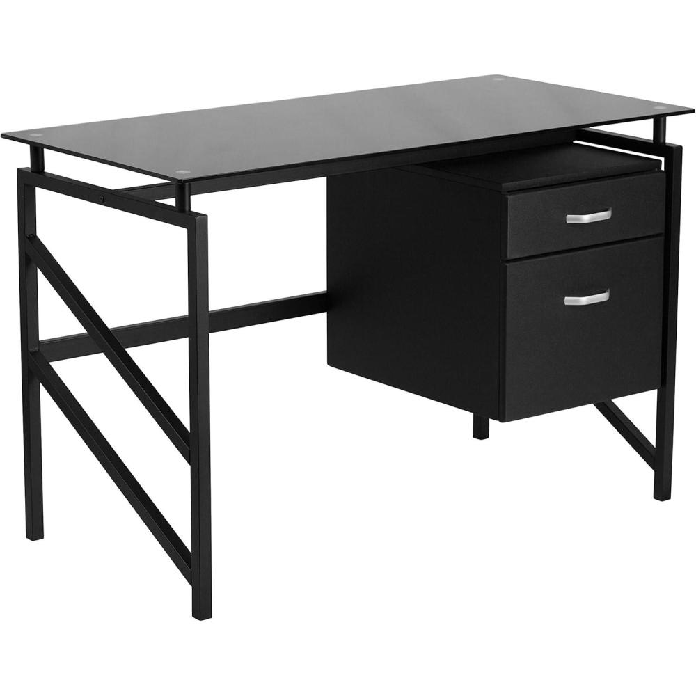 imageFlash Furniture Singleton Glass Desk with Two Drawer PedestalBlack
