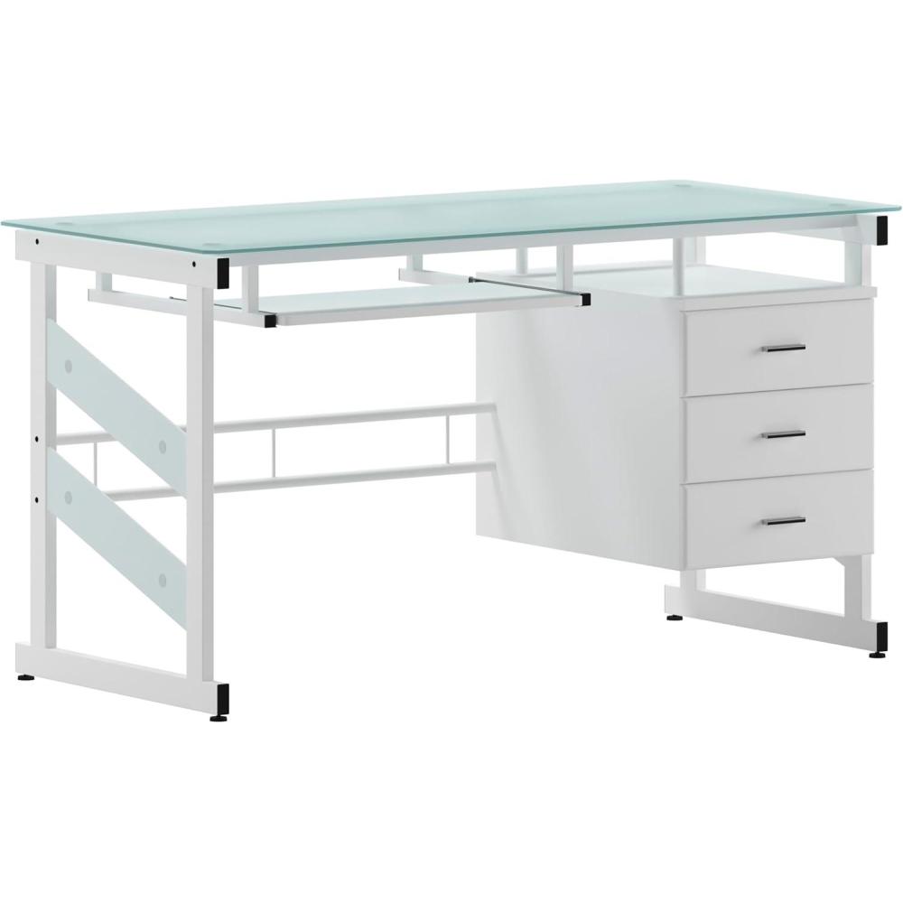 imageFlash Furniture Singleton White Computer Desk with Frosted Glass Top and Three Drawer Pedestal