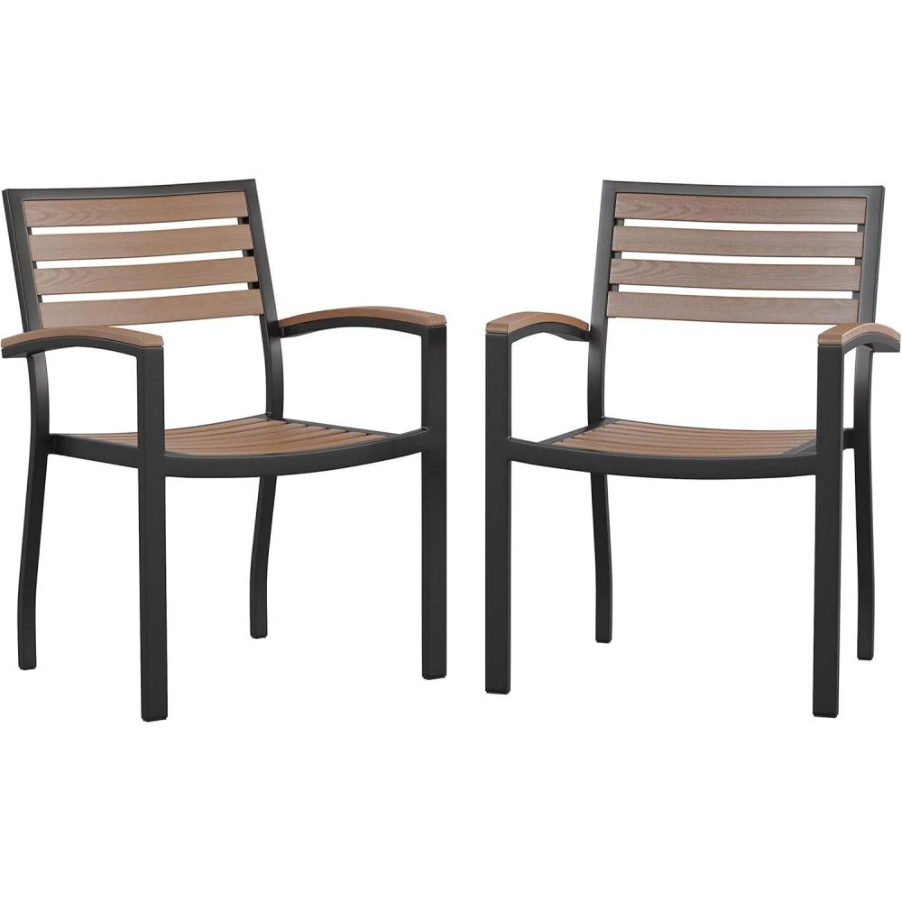 imageFlash Furniture Stackable Aluminum Patio Chair AllWeather Black Framed Side Chair with Faux Teak Slats Commercial Grade Set of 4Black