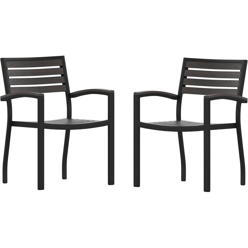 imageFlash Furniture Stackable Aluminum Patio Chair AllWeather Black Framed Side Chair with Faux Teak Slats Commercial Grade Set of 4Grey