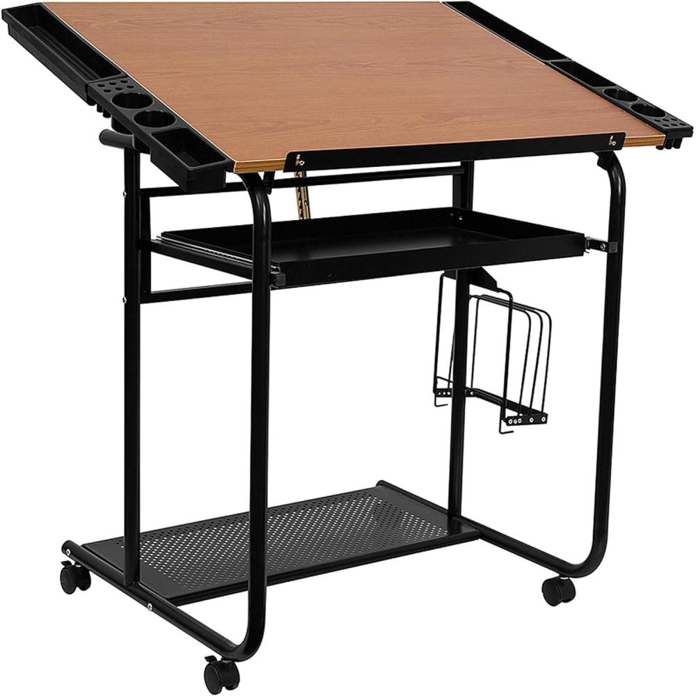 imageFlash Furniture Swanson Adjustable Drawing and Drafting Table with Black Frame and Dual Wheel Casters Cherry