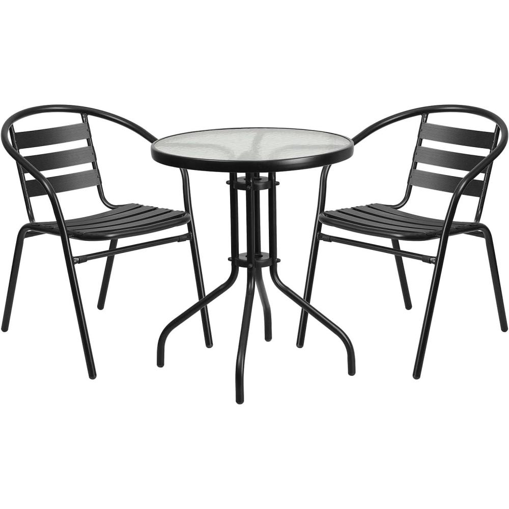 imageFlash Furniture TLH071RD017CBZ2GG Lila 2375 Round Glass Table with 2 Metal Aluminum Slat Stack Chairs BronzeBlack