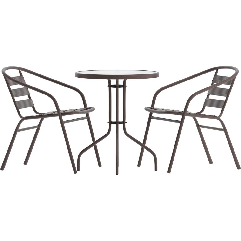 imageFlash Furniture TLH071RD017CBZ2GG Lila 2375 Round Glass Table with 2 Metal Aluminum Slat Stack Chairs BronzeBronze