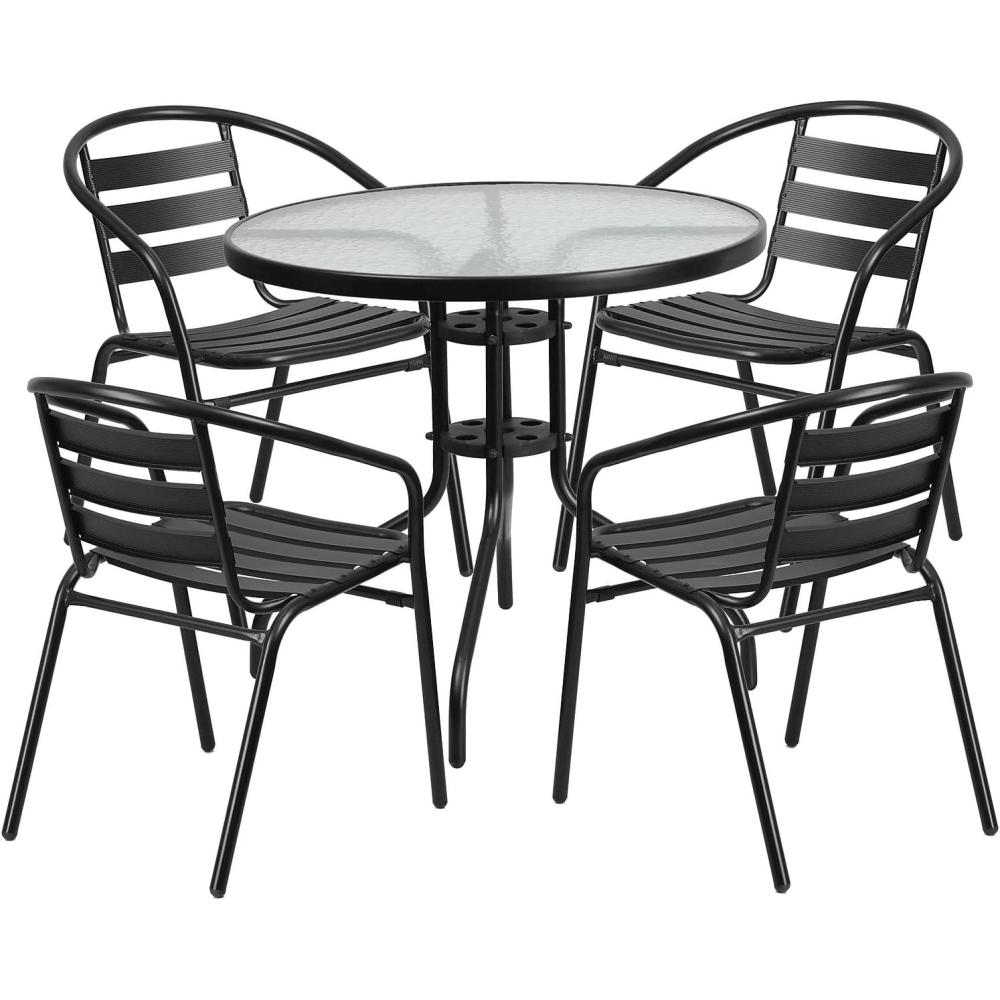 imageFlash Furniture TLH072RD017CBZ4GG Lila 315 Round Glass Table with 4 Metal Aluminum Slat Stack Chairs BronzeBlack