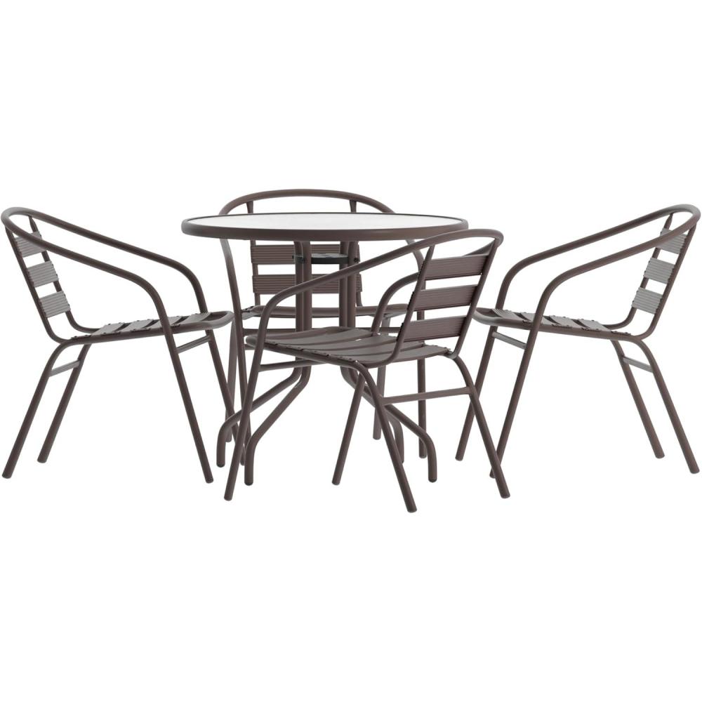 imageFlash Furniture TLH072RD017CBZ4GG Lila 315 Round Glass Table with 4 Metal Aluminum Slat Stack Chairs BronzeBronze