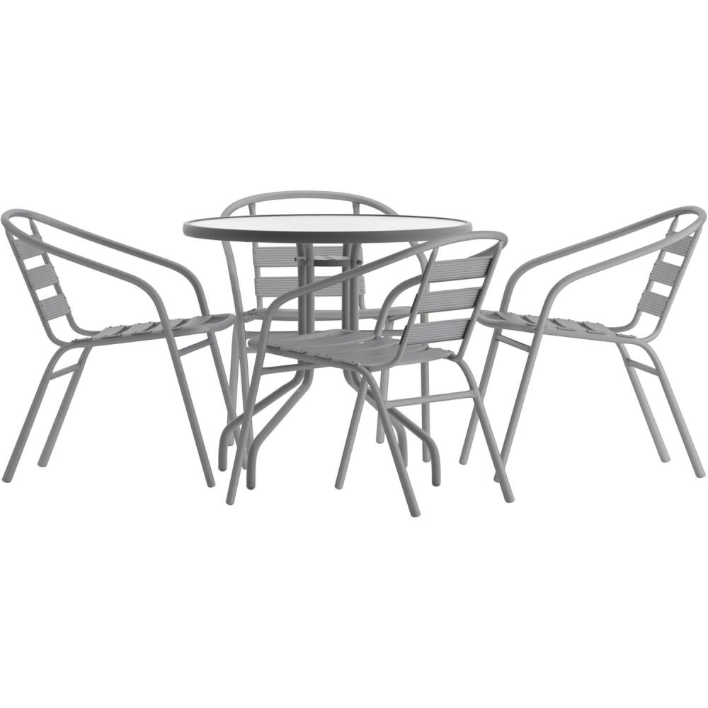 imageFlash Furniture TLH072RD017CBZ4GG Lila 315 Round Glass Table with 4 Metal Aluminum Slat Stack Chairs BronzeSilver
