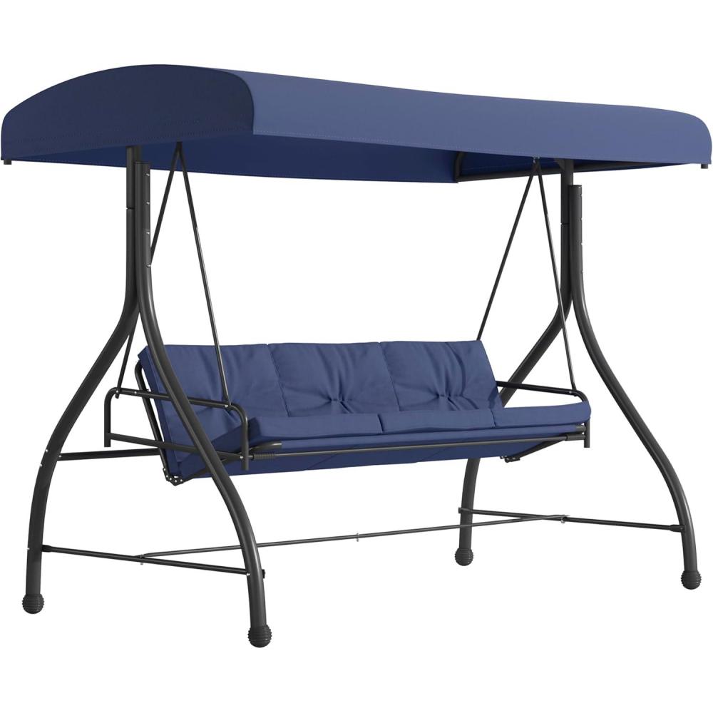 imageFlash Furniture Tellis 3Seat Outdoor Steel Converting Patio Swing Canopy Hammock with Cushions Outdoor Swing Bed GrayNavy